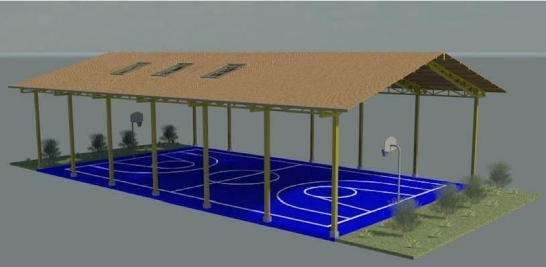 Diseño 3D de gimnasio y cancha techada